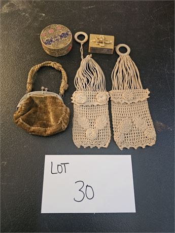 Antique Victorian Velvet Change Purse, Crochet Macrame Match Box & More