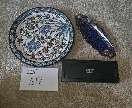 Jerusalem Pottery Plate / Royal Winton Trinket Tray & Cross Writing Pen in Box