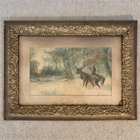 Antique Ornate Wood Framed H. Fisher Signed Painting