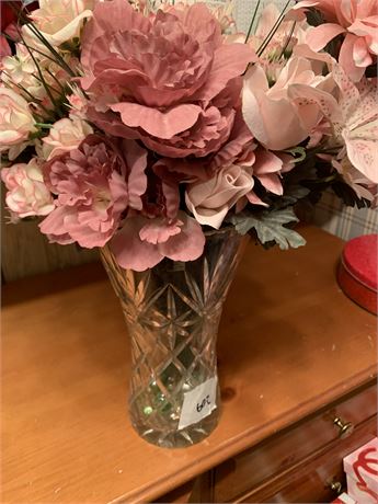 Crystal Glass Vase With Pink Faux Flower Peony Bouquet