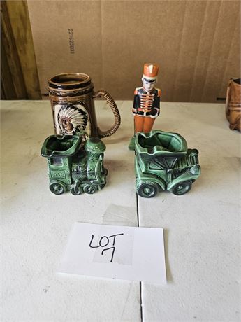 Vintage 1930's Ceramic Bisque Soldier Toothbrush Holder, Anco Mug & Japan Train