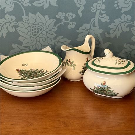 Spode Christmas Tree Cream/Sugar Dishes and Set of 4 Bowls