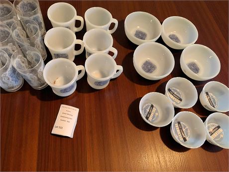 Royal China Currier & Ives Glasses, Milk Glass Mugs & Mar-crest Dessert Cups