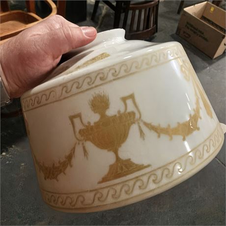 White Milk Glass Ceiling Lamp Shade W/Gold Neoclassic Urn & Swag Pattern