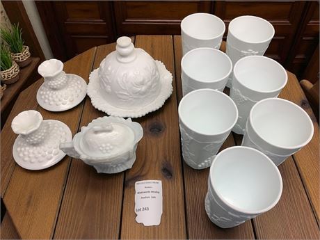 White Milk Glass Grape Pattern Glasses, Westmoreland Milk Glass Covered Creamer
