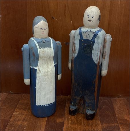 Irene Bellard Carved Folk Art Farmer Couple Figures