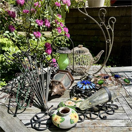 Assorted Garden Decor Cleanout - Hanging Planters, Lanterns, Art Glass, Etc.