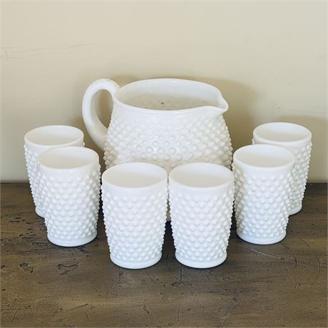 Hobnail Milk Glass Pitcher and Tumblers Set - Pitcher is 5.5"T