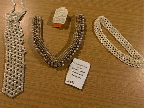 Ladys Silk & 5 String Faux Pearl Collar, Faux Pearl Beaded Necktie Necklace