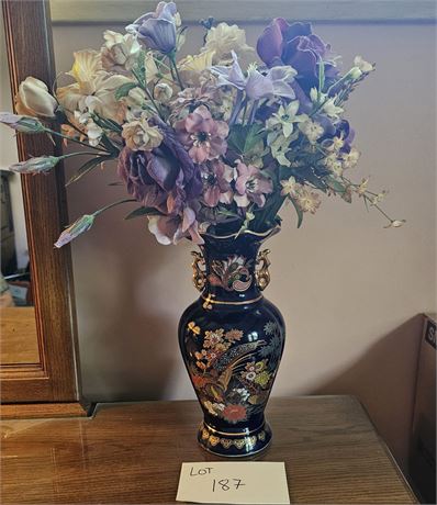 Asian Theme Cobalt Blue Floral Vase With Faux Flowers