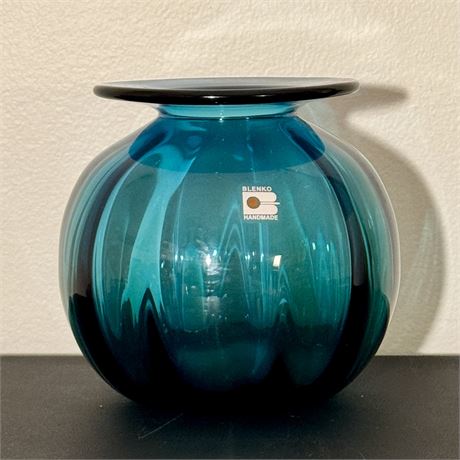 Blenko Teal Blue Blown Glass Vase - Approx. 6" x 6.5"