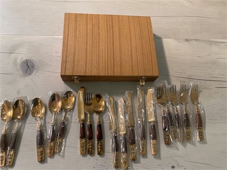 Thai Siam Bronze & Rosewood Flatware Set W/Buddha Motif In Wooden Carrying Case