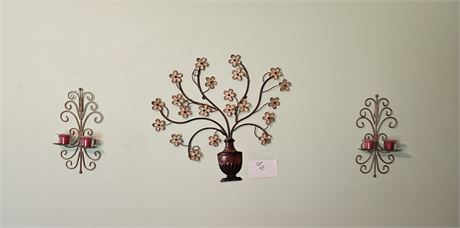 Metal Art Dogwood Floral Wall Hanging Plus Candle Sconces