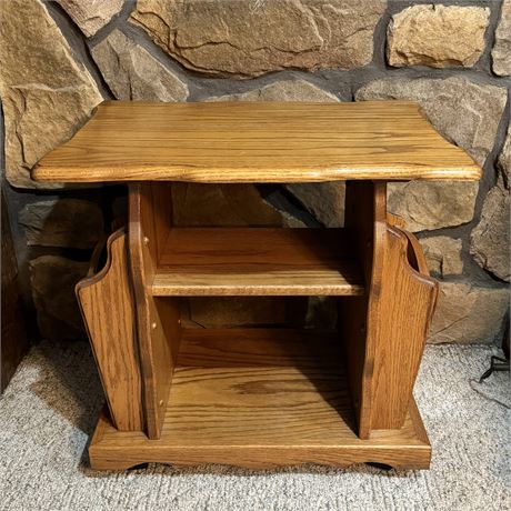 Rolling Solid Wood Side Table with Book/Magazine Storage