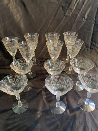 Fostoria Rose Point Clear Glass Claret Wine Meadow Glasses With Etched Flowers