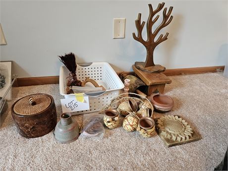 Mixed Pottery-Native American & Wood Lot: Hanging Pots/Sun Tile/Birds & More