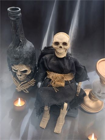 Animated Skeleton/Grim Reaper, Skeleton Wine Bottle, Skull Candle Holder