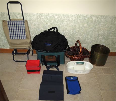 Mixed Lot: Bags, Cart, Basket, Etc