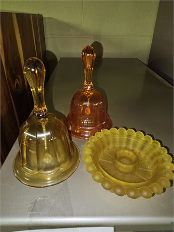 Viking Orange & Amber Glass Bells & Candle Holder