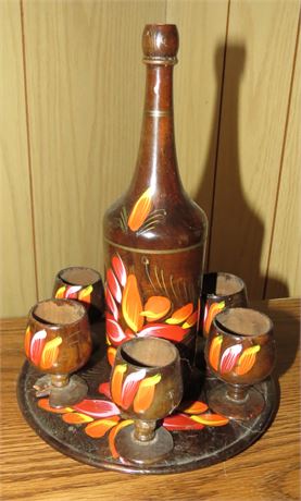 Vintage Wood Decanter & Cordial Set