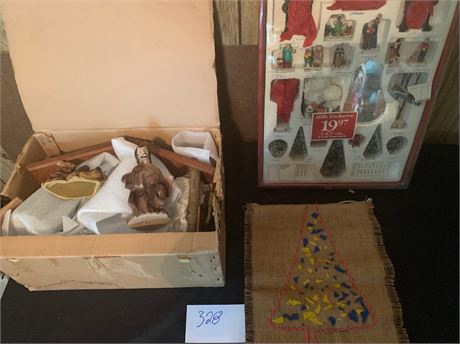 Vintage Hand Painted Nativity Original Box & Box Of Christmas Village People