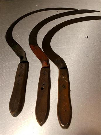 Vintage Wood Handled Sickle Tool Lot of 3