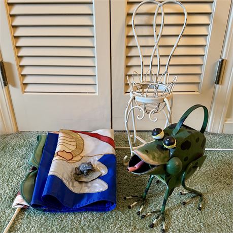 Mixed Garden Decor Lot - Flags, Chair Plant Holder, Frog Watering Can, Etc.