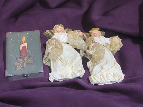 Vintage Clothtique Angel Tree Toppers, Wood Box With Christmas Candle & More