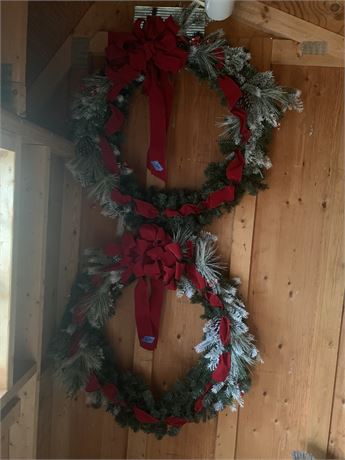 Pair Of Matching Flocked Pine Christmas Wreaths With Red Felt Bows & Trails