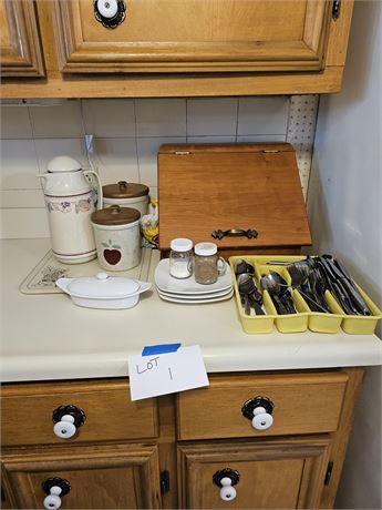 Mixed Kitchen:Roseville Apple Canisters/Stainless Flatware/Wood Bread Box & More