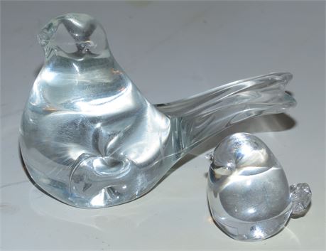 2 Clear Glass Art Bird Paperweights