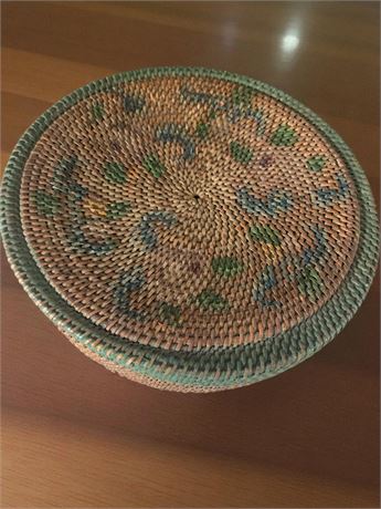 Round Lidded Multicolor Basket Made Of Woven Sweetgrass W/Hand Painted Design