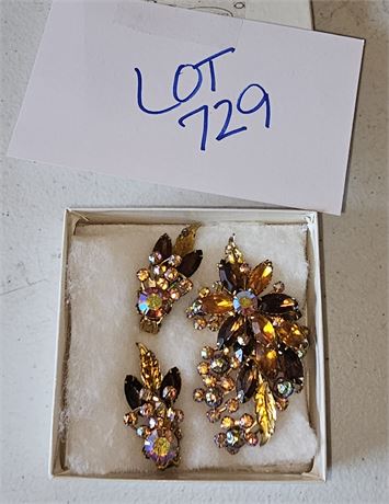 Beaujewels Amber Rhinestone Brooch & Earring Set