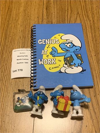 Brainy Smurf "Genius at Work" Notebook, Keychain, 3 Smurf Figures