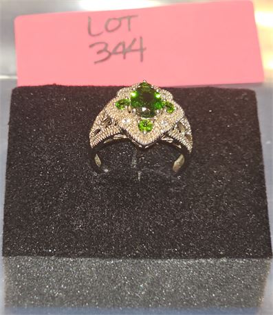 Sterling 925 HT Green Garnet & CZ Ring Sz 10