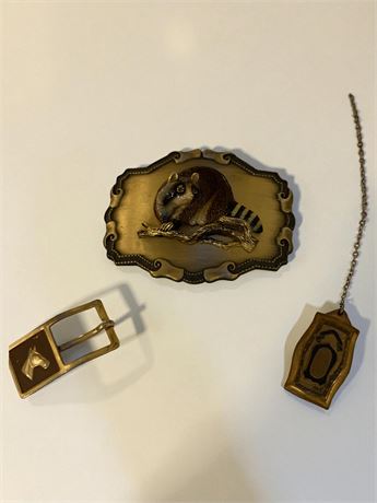 1970s Raintree Brass Raccoon Belt Buckle, Horse Head Belt Buckle