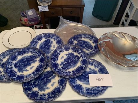 Antique Flow Blue New Wharf Pottery Plates Oriental Pattern