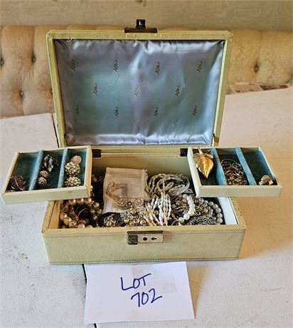 Vintage Jewelry Box w/ Mixed Costume Jewelry, Necklaces, Bracelets Earrings