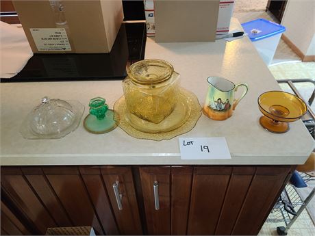 Mixed Depression Glass: Amber Biscuit Jar & Platter / Clear Butter Dish & More
