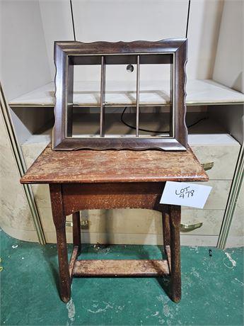 Vintage Wood End Table & Wood Framed Shelf