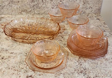 Indiana Glass Pink~Set of 5 Cups & Saucers w/ Candy Dish