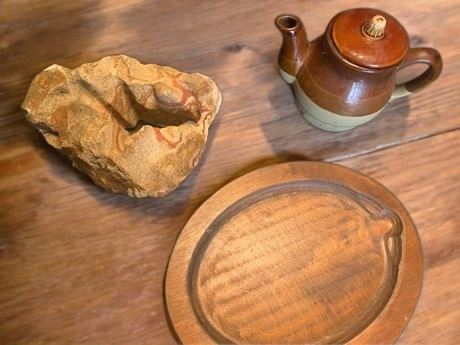 Natural Sandstone Rock Sculpture, Oval Wood Tray, Brown Glazed Ceramic Teapot