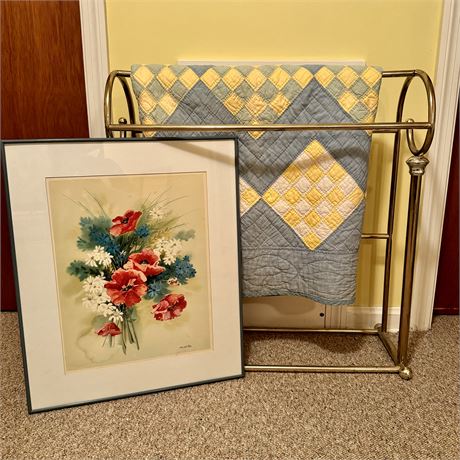 Decorator's Bundle - Quilt Rack with Blanket & Coordinated Signed Painting