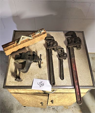 Pipe Wrenches, Cast Table Clamp, GEM Wooden Miter Box