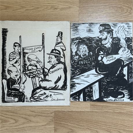 Original 1940s/50s Political Cartoons Drawn & Signed by Carl Brahce