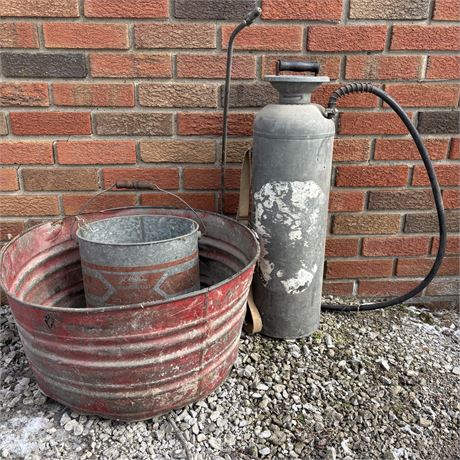 Old Galvanized Tub, Bucket and Pesticide Sprayer w/ Brass Nozzle