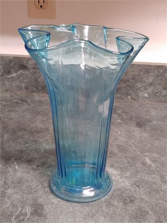 Guildcraft Vintage Turquoise Glass Crimped Top Vase
