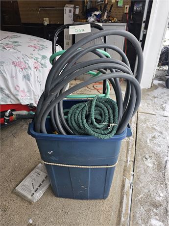 Metal Dolly & Trash Can with Mixed Size Garden Hoses