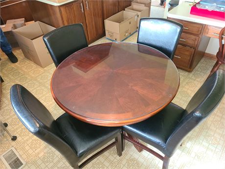 Dark Wood Round Kitchen Table with (4) Highback Cushion Chairs & Glass Top