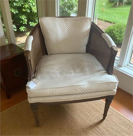Upholstered Mid-Century Modern Cane Back Barrel Arm Chair